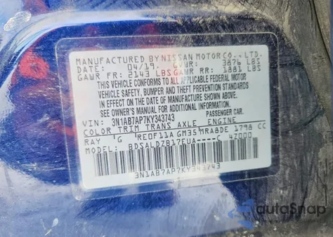 2019 Nissan Sentra S z USA, uszkodzony, nr VIN 3N1AB7AP7KY343743